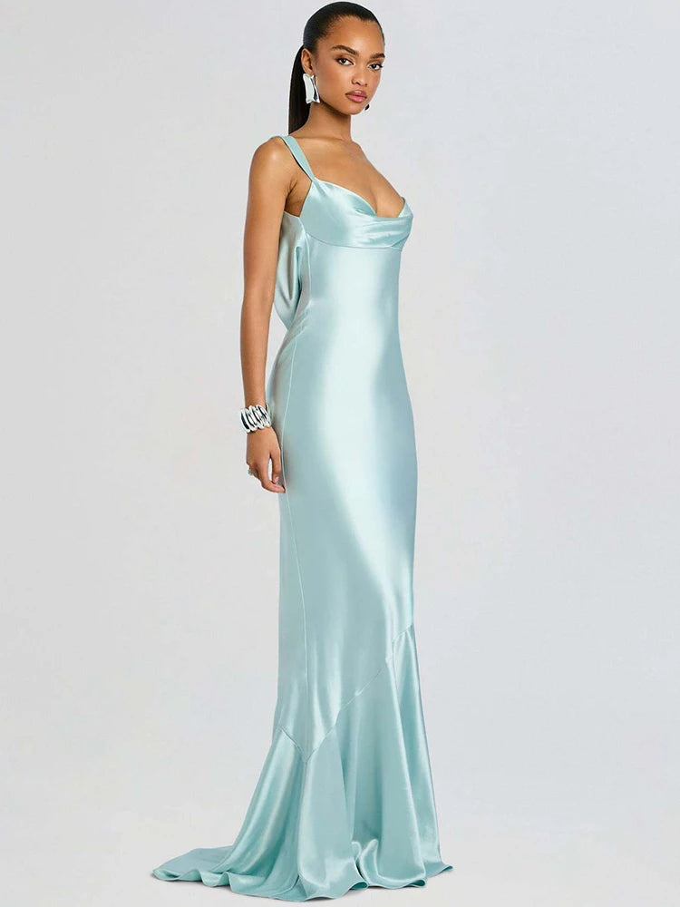 Women Mermaid Sexy Maxi Evening Dress Spaghetti Strap Cowl Neck Backless Formal Wedding Guest Prom Party Long Dress
