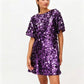 Women's Green Sequins Shift Mini Dress with Round Neck Short Sleeve Back Bow Tie Sparkly Party Club Evening Dress