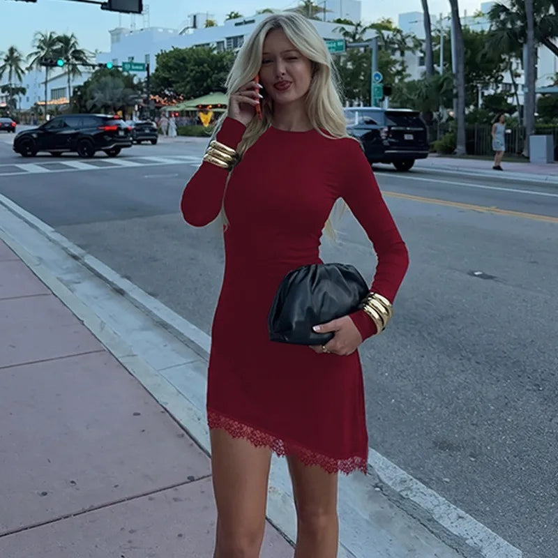 Long Sleeve Mini Dress with Asymmetric Lace Hem Fall 2026 Fashion Black Dresses Woman Elegant