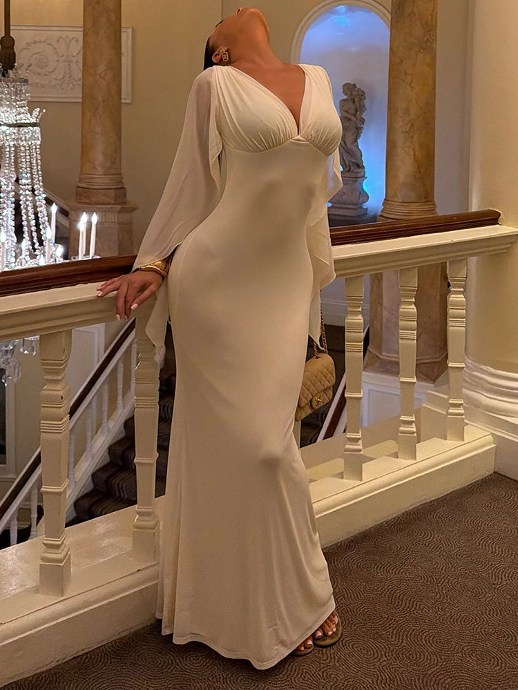 Women Deep V Neck Flutter Sleeve Maxi Dress Cape Sleeve Mermaid Evening Elegant Wedding Guest Long Party Dress Vestidos