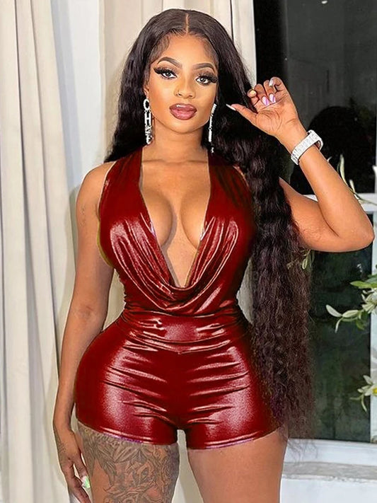 Silky Halter Romper Women Sexy Summer Swing Collar Backless Sleeveless Midnight Coquette Clubwear Workout Playsuit