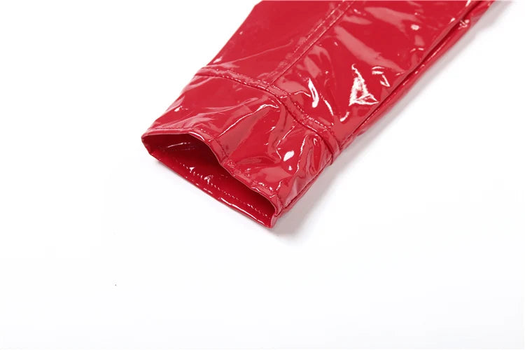 Patent Leather 2-Piece Set Women Zipper Jacket+Short Sleeve Slim Bodysuit Hip Hop Style Fashion Sexy Midnight Hottie Suit