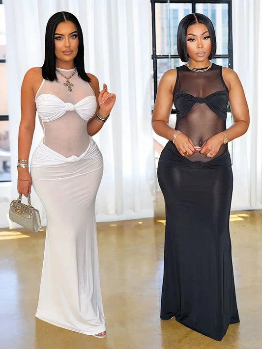 Patchwork Mesh Dress Women Sexy Sleeveless Elegant Knot Butterfly Bra Banquet Party Slim Stretch Activity Vestidos