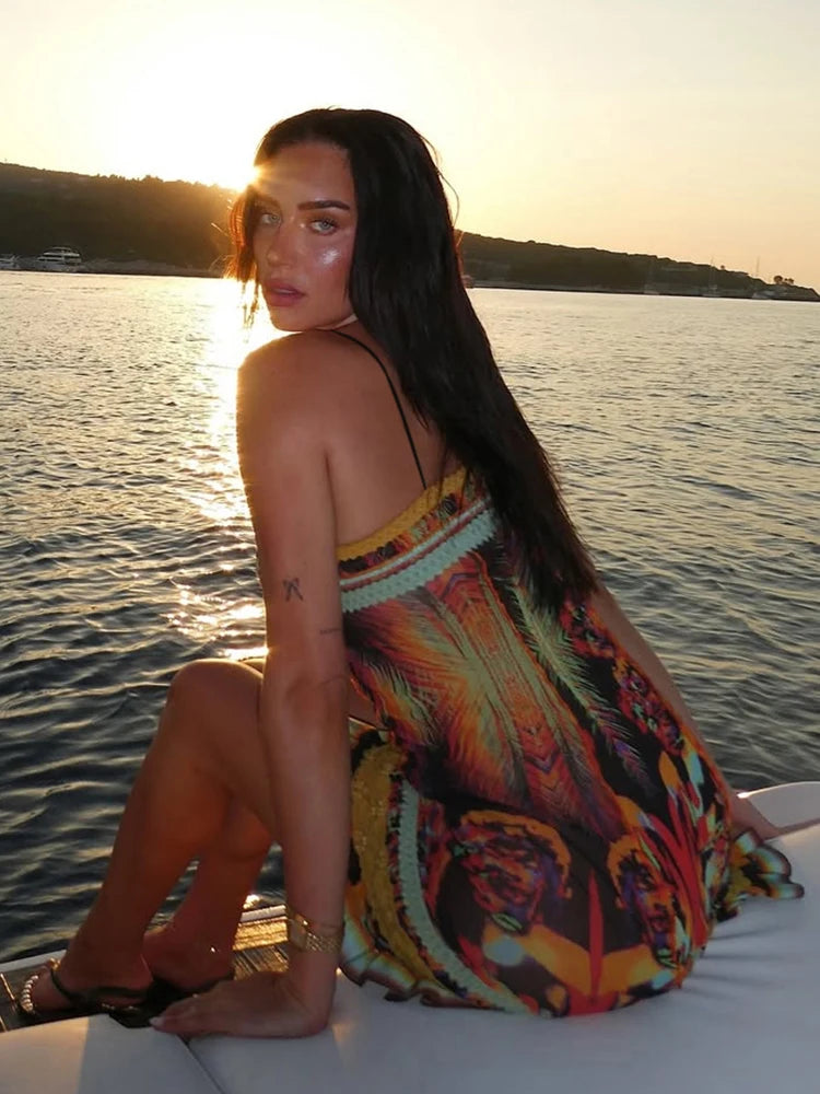 Sexy Beach Camis Dress Women Colorful Print Sleeveless Skinny Vacation Midnight Party Clubwear Scalloped Hem Bodycon