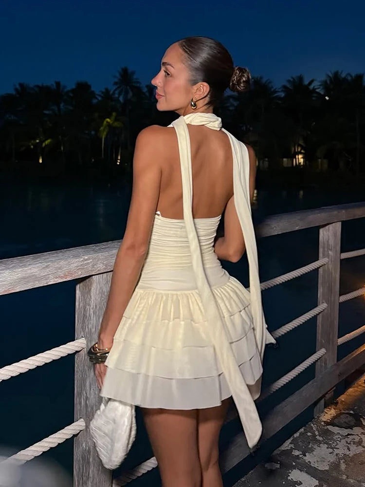 Tierred Dress Women Halter Backless Sleeveless v-Neck Tassel Skinny Elegant Summer Fashion Sweet Chic Mini Bodycon