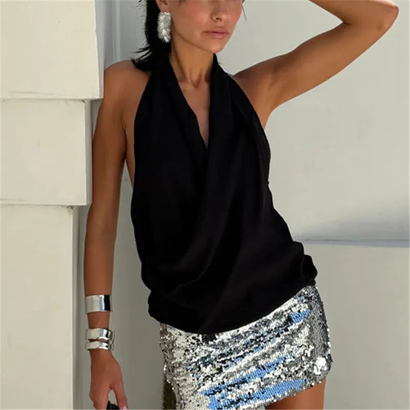 Women's Halter Cowl Neck Backless Sleeveless Top Textured Draped Cami Y2K Sexy Casual Summer Streetwear Vacation Blouse