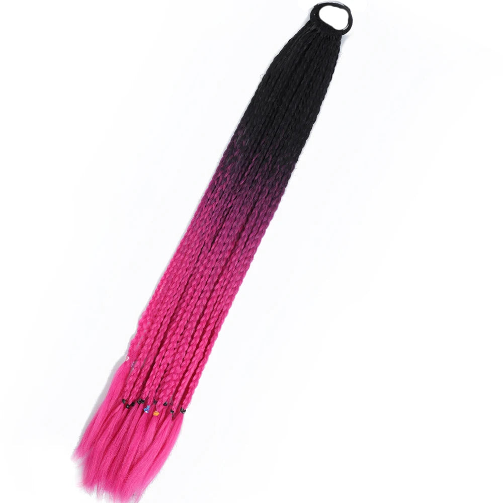 Synthetic 24inch Girls Colored Box Braided Ponytail With Elastic Rubber Band Hair Extensions Rainbow Color Box Pigtail Hairpiece