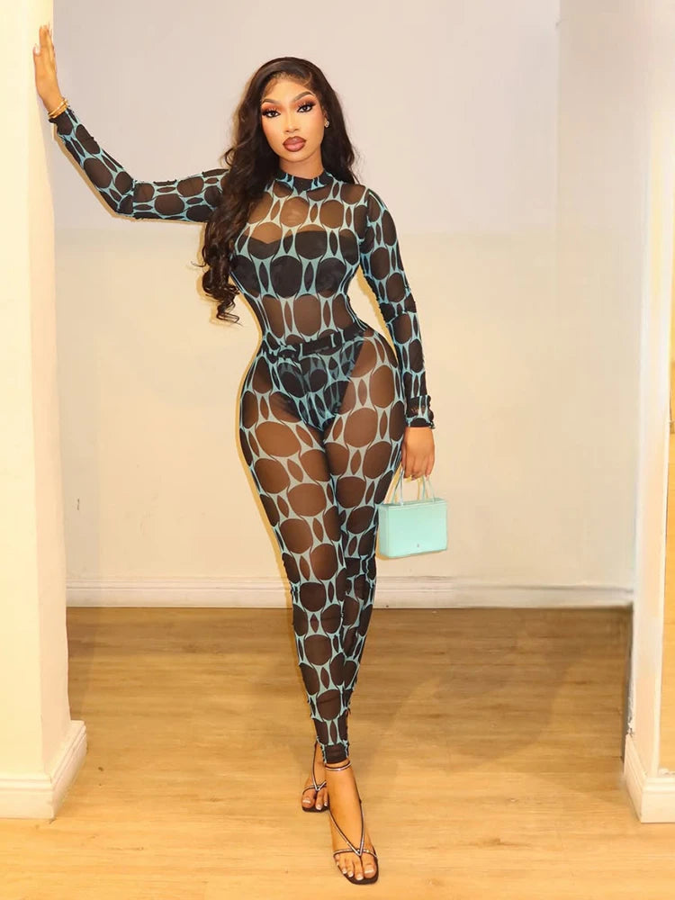 Sexy See Through 2 Piece Set Woman Patchwork Print o-Neck Full Sleeve Bodysuits+Skinny Wrap Hip Long Pants Outfits