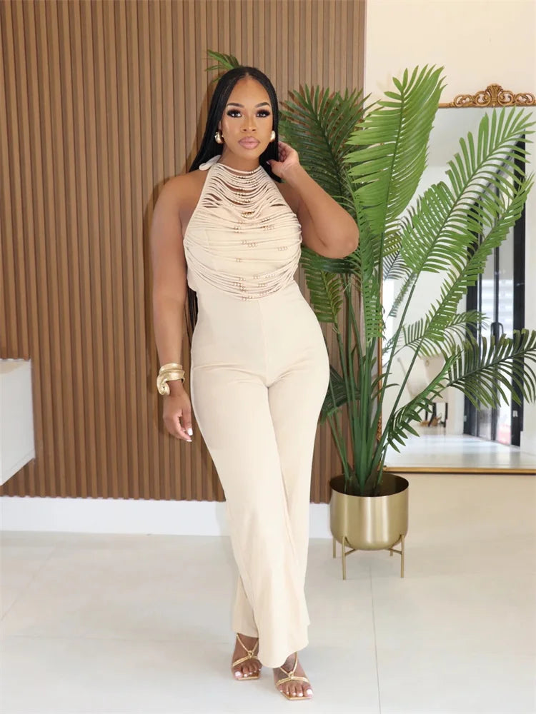 Sexy Hollow Beads Decoration Flared Jumpsuits Women Lace-Up Halter Sleeveless Backless 2025 Street New Trend Overalls