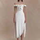 Women Off Shoulder Ruffle Midi Dress Elegant Cutout Front High Waist Split Long Dress Wedding Party Evening Dress