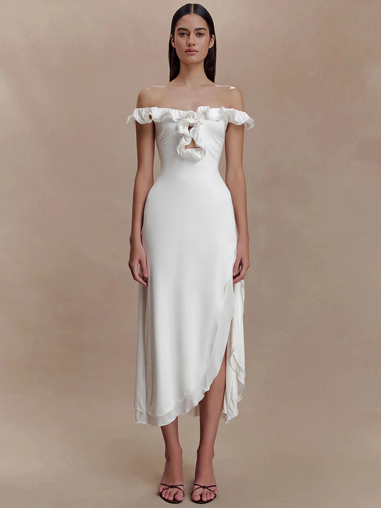 Women Off Shoulder Ruffle Midi Dress Elegant Cutout Front High Waist Split Long Dress Wedding Party Evening Dress