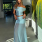2 Pieces Set for Woman Vacation Outfits Satin Mesh Patchwork Long Skirt and Off Shoulder Backless Crop Top