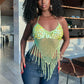 Sequin Shell Decor Hollowed Backless Camisoles with Triangle Tassels Womens Summer Lace-up Halter Neck Knit Vest Beach