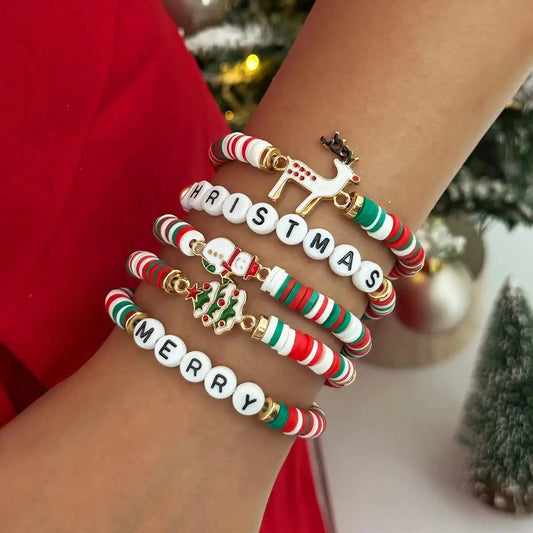 5Pcs/Set Christmas Tree Elk Snowman Pendant Bracelet Women Merry Christmas Elastic  Rope Bracelet New Year Jewelry Gift