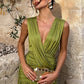 Elegant Deep V Neck Sexy Maxi Dress Women Fashion Sleeveless Draped Ruched Waist Bodycon Club Party Long Dresses Female