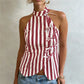 Women's Oriental Striped Halter Neck Top Chinese Knot Button Side Asymmetric Hem Backless Summer Casual Blouse