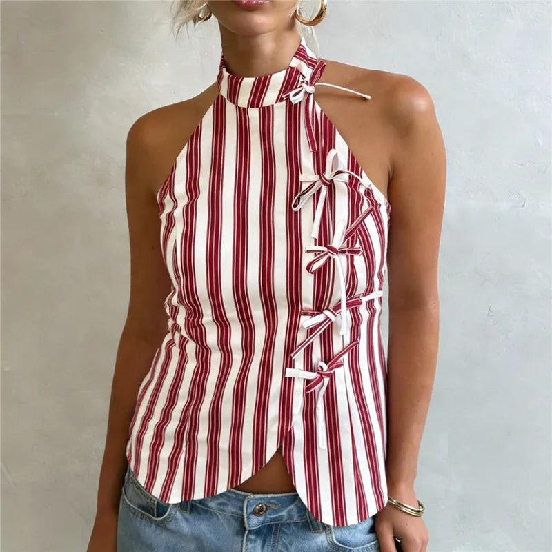Women's Oriental Striped Halter Neck Top Chinese Knot Button Side Asymmetric Hem Backless Summer Casual Blouse