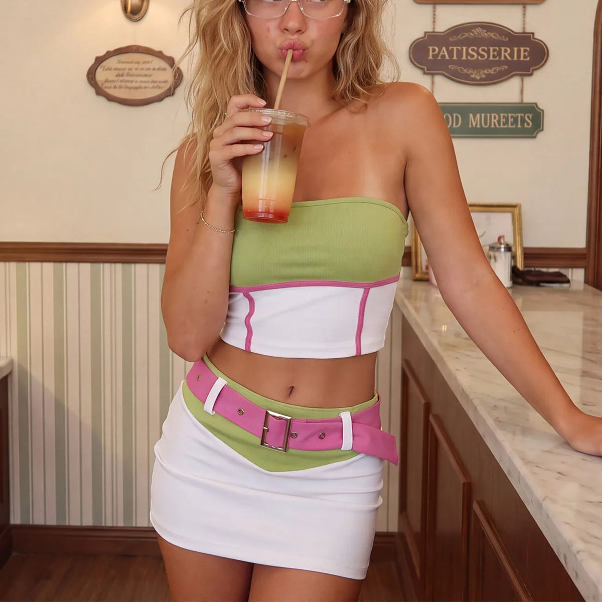 Women Color Block Strapless Tube Top Ruched Mini Bodycon Skirt Set With Belt Y2K Cartoon Cosplay Costume