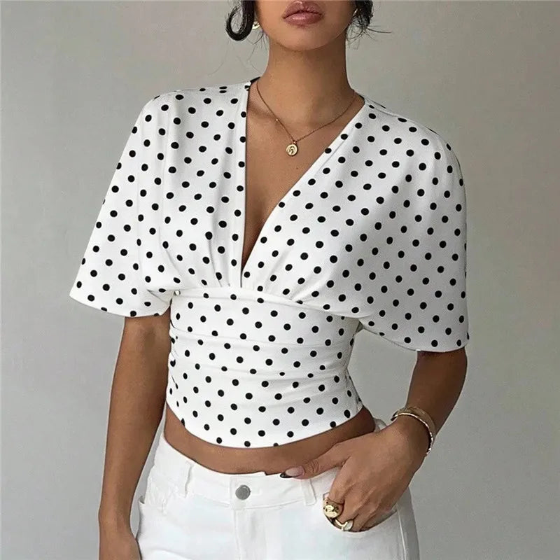 Women Y2K Polka Dot Print Deep V Neck Crop Top Batwing Short Sleeve Ruched Waist Slim Fit Casual Summer Streetwear