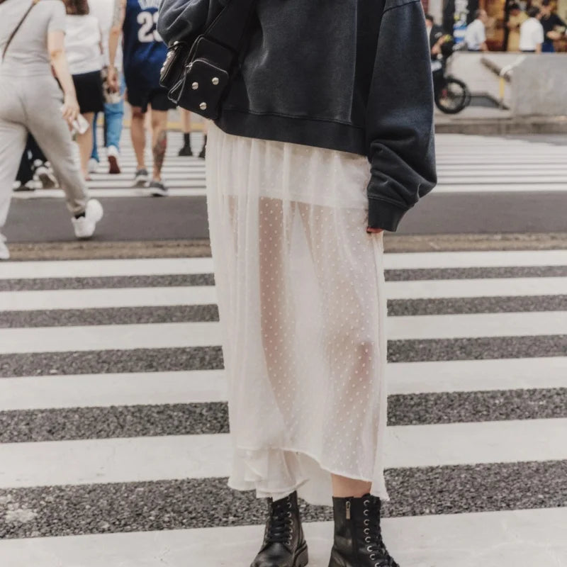 Fashion Women Sheer Skirt Y2K Polka Dot Ankle Length Long Sheer Skirt Summer Spring Casual Party Wear High Waist Skirt