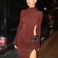 Turtleneck Long Sleeve Sexy Maxi Dress For Women Fashion Solid Hollow Out Thigh High Split Bodycon Elegant Club Dress