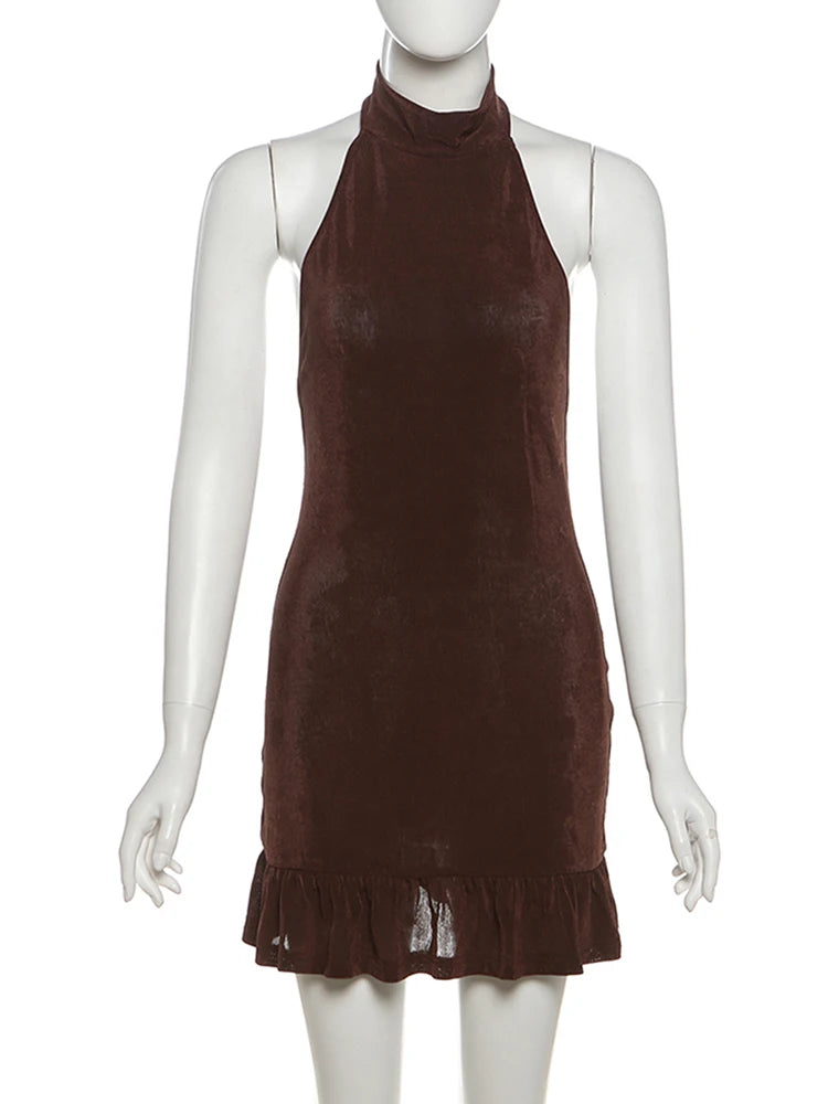 Backless Dress Women Backless o-Neck Solid Thin Folds Sleeveless Sexy Midnight Summer Trend Party Street Bodycon