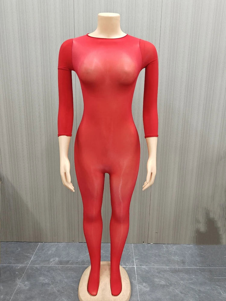 See Through Foot Jumpsuit Women Thin Shines Fit Coquette Midnight Stretch Full Sleeve Club Skinny Activity Overalls