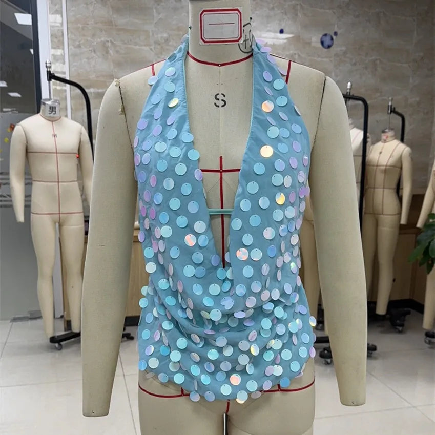 Sexy Glitter Sequin Tank Tops Women Y2K Fashion Deep V-neck Hollow Out Cropped Tops Tee Summer New Backless Beach Tops