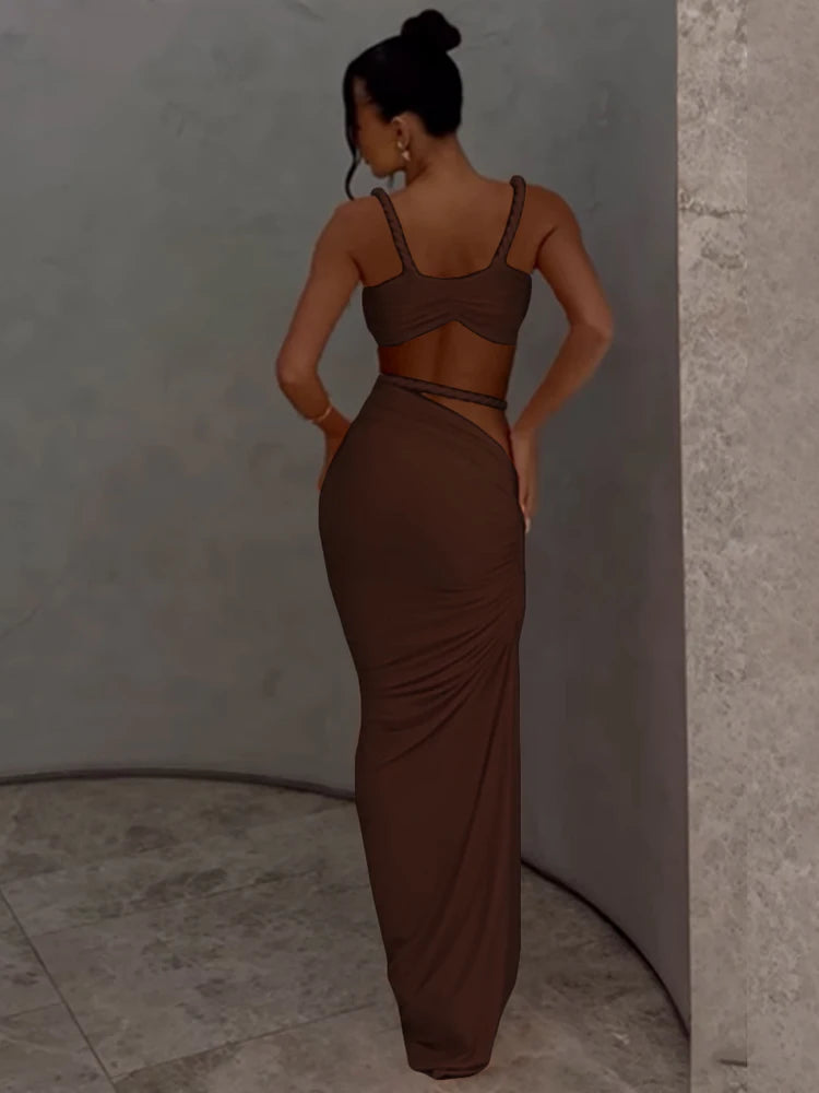 Skinny 2 Piece Set Women Square Collar Bra+Long Skirts 2025 Vacation Beach Party Summer Trend Bandage Ruched  Suits