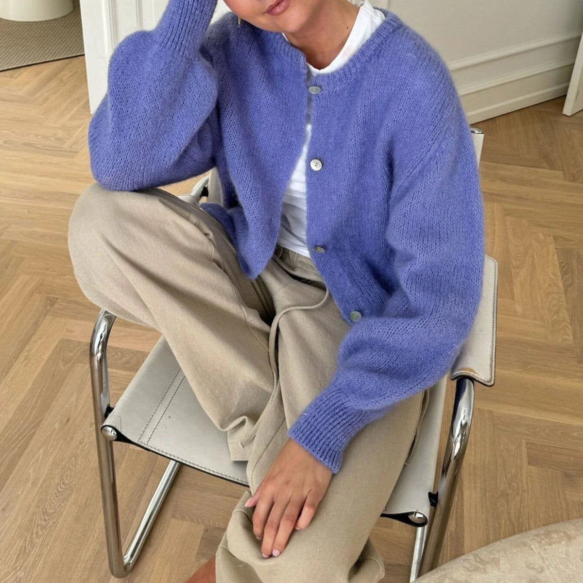 Women's Solid Color Cardigan Fuzzy Long Sleeve Button Down Sweater Soft Knit Tops Winter Fall Outerwear Y2K Clothes