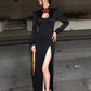 Appliques Sexy Split Dress Women Y2K Hollow Shoulder Padded Long Sleeve Elegant Evening Stretch Skinny Maxi Bodycon