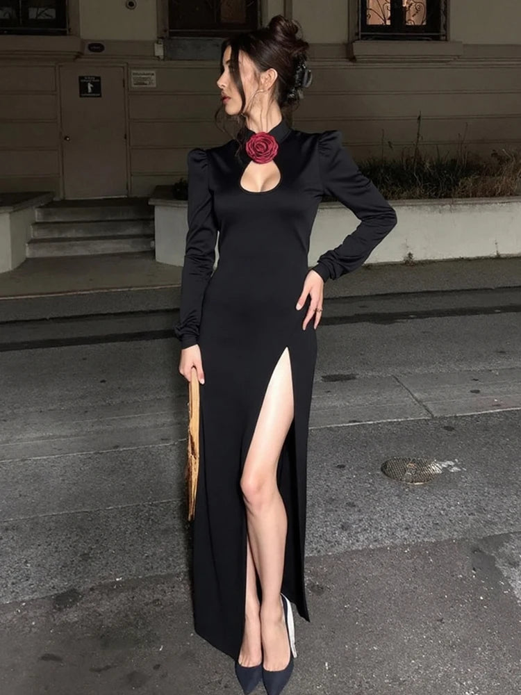 Appliques Sexy Split Dress Women Y2K Hollow Shoulder Padded Long Sleeve Elegant Evening Stretch Skinny Maxi Bodycon