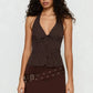 Retro Pinstripe Halter Neck Crop Top Women Deep V Tie Front Button Down Sleeveless Slim Fit Y2K Tank Vest Streetwear