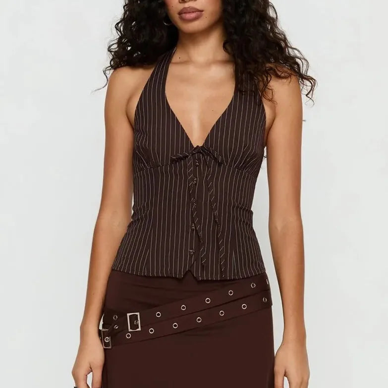 Retro Pinstripe Halter Neck Crop Top Women Deep V Tie Front Button Down Sleeveless Slim Fit Y2K Tank Vest Streetwear