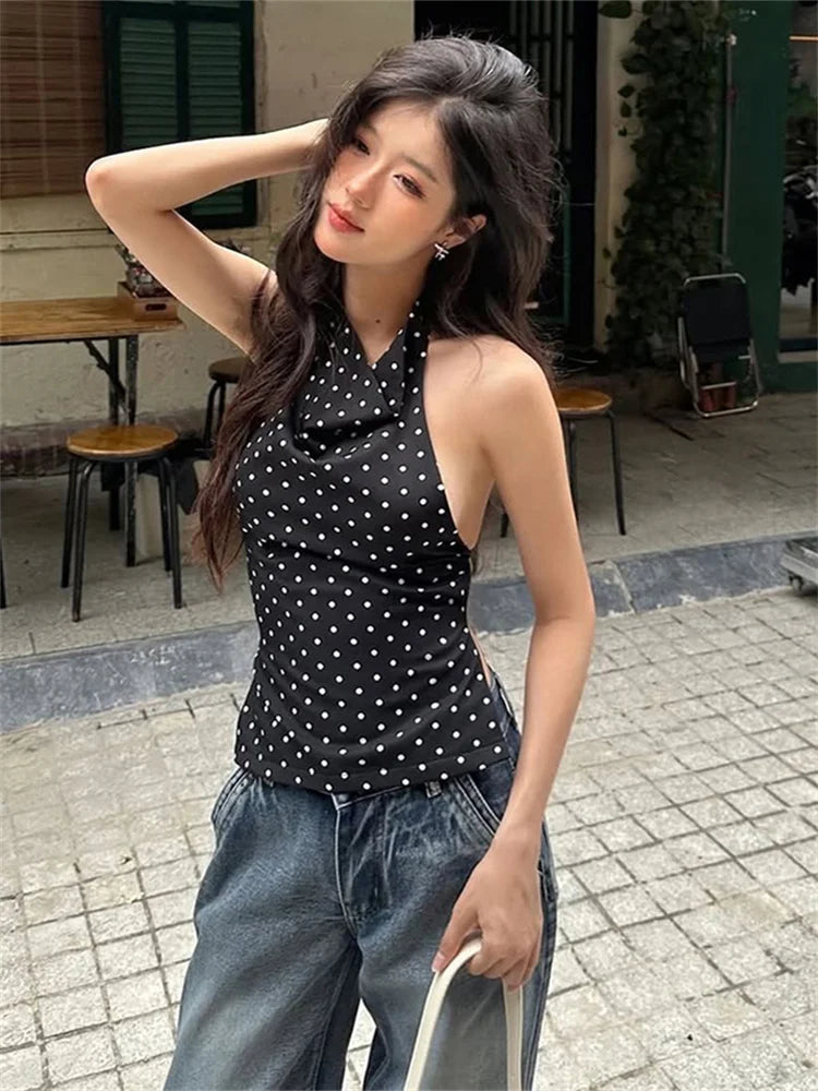 Polka Dot Print Tank Tops Women Halter Backless Skinny Sexy Summer Trend Hottie Street Midnight Coquette Party Vest