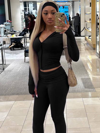 Casual Sporty 2 Piece Set Women Tracksuit Basic Stretch Zip Jacket+Stretch Flare Pants Matching Fitness Street Outfit