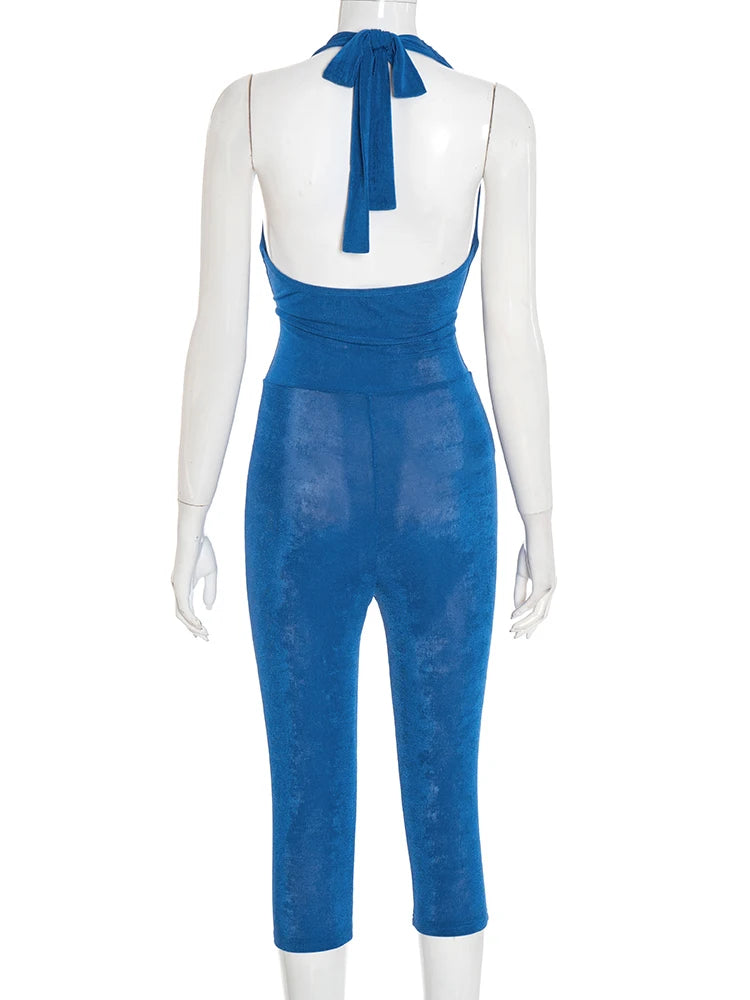 Sexy Swing Collar Playsuits Women Velvet Bandage Halter Backless Backless Tight Streetwear Stretch Workout Romper