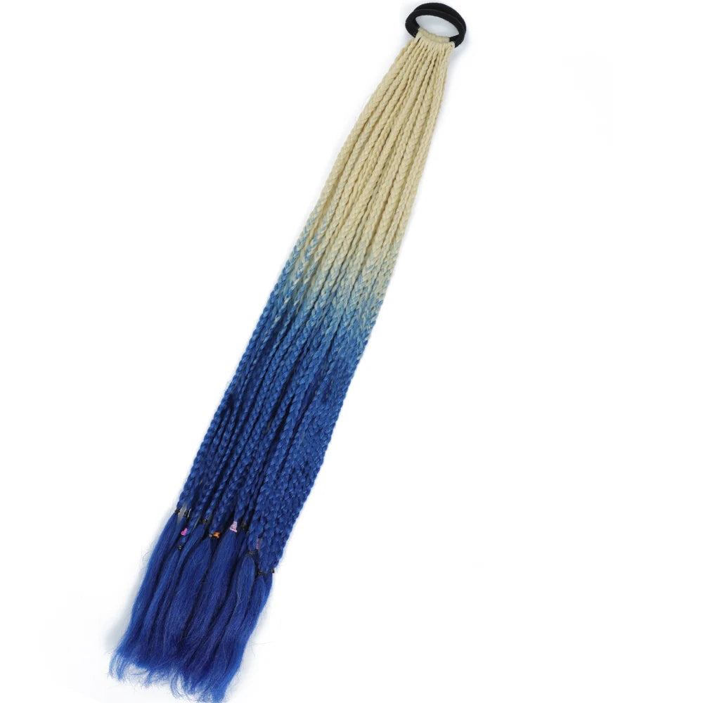 Synthetic 24inch Girls Colored Box Braided Ponytail With Elastic Rubber Band Hair Extensions Rainbow Color Box Pigtail Hairpiece