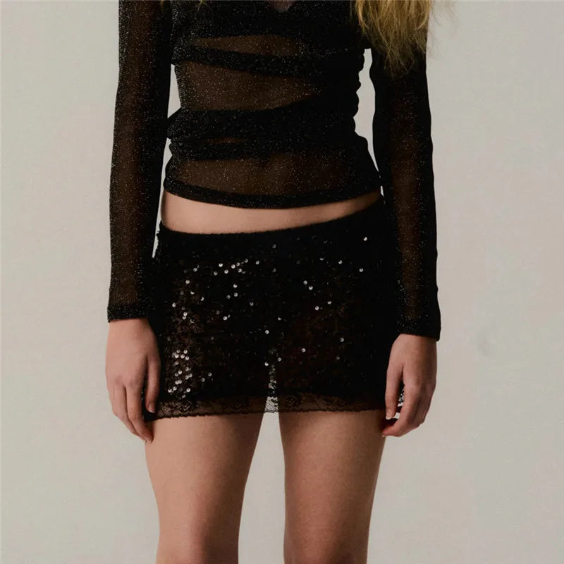Women Y2K Sequin Mini Skirt Lace Trim Elastic Waist Low Rise Bodycon Micro Short Skirt Club Party Festival Skirts