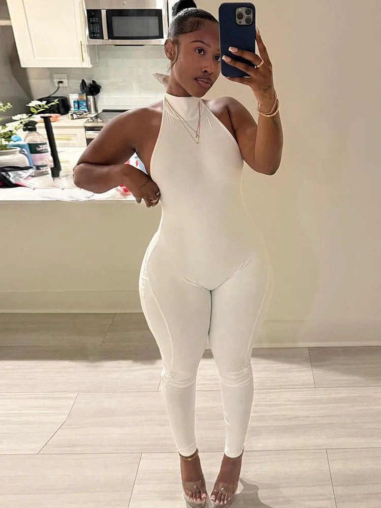 Hottie Jumpsuits Woman Bandage Halter Turtleneck Sexy Backless Sleeveless Skinny Peach Hip High Street Fashion Overalls