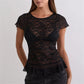 Women's Floral Lace Sheer T Shirt Blouse Short Sleeve Round Neck Ruffle Hem Fitted See-Through Top for Casual Party
