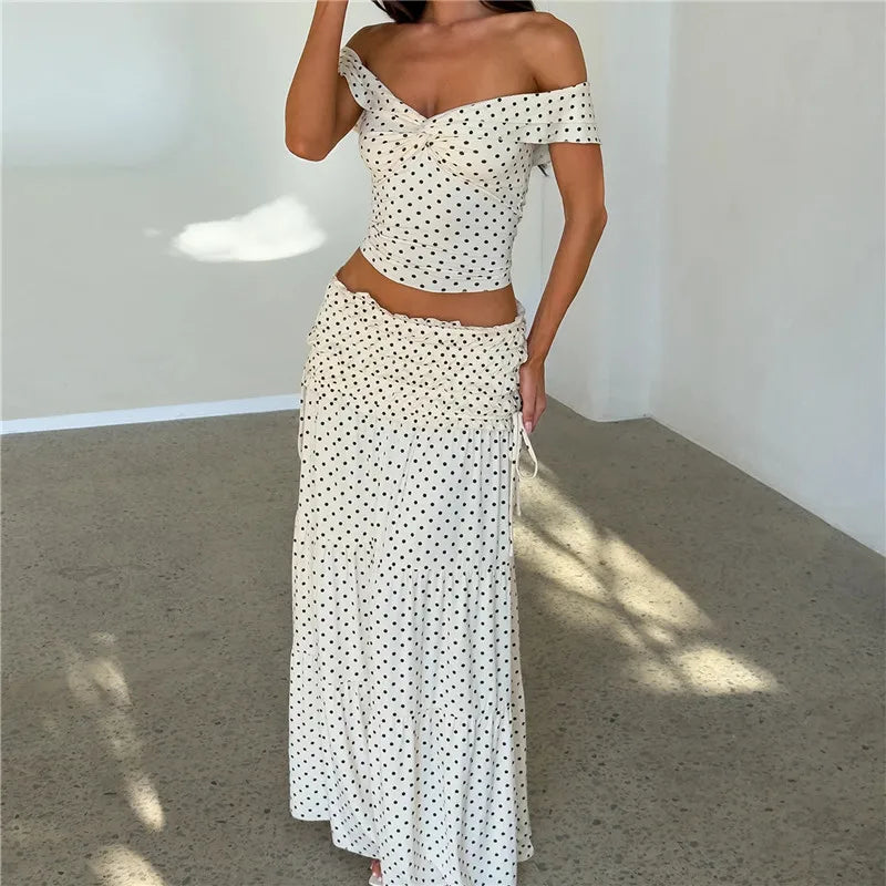 Y2K Women Polka Dot Two Piece Matching Set Off Shoulder Twist Crop Top High Waist Ruched Drawstring Tiered Maxi Skirt