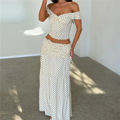 Y2K Women Polka Dot Two Piece Matching Set Off Shoulder Twist Crop Top High Waist Ruched Drawstring Tiered Maxi Skirt