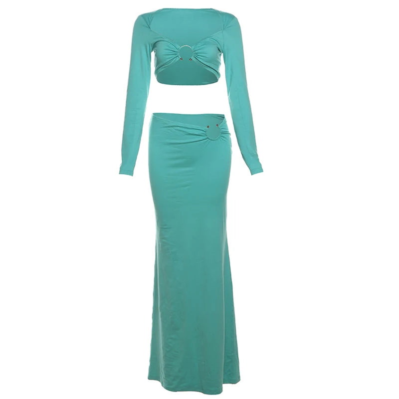 Ruched Cirque 2 Piece Set Women Tracksuit Stretch y2k Low-Neck Crop Tops+Long Skirts Matching Clubwear Elegant Outfit