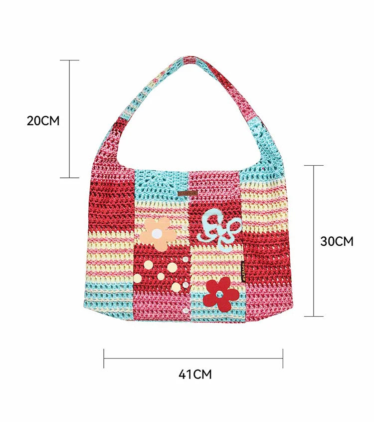 Colorful Crochet Tote Bag, Bohemian Floral Print Knit Shoulder Bag, Casual Summer Beach Bag for Women