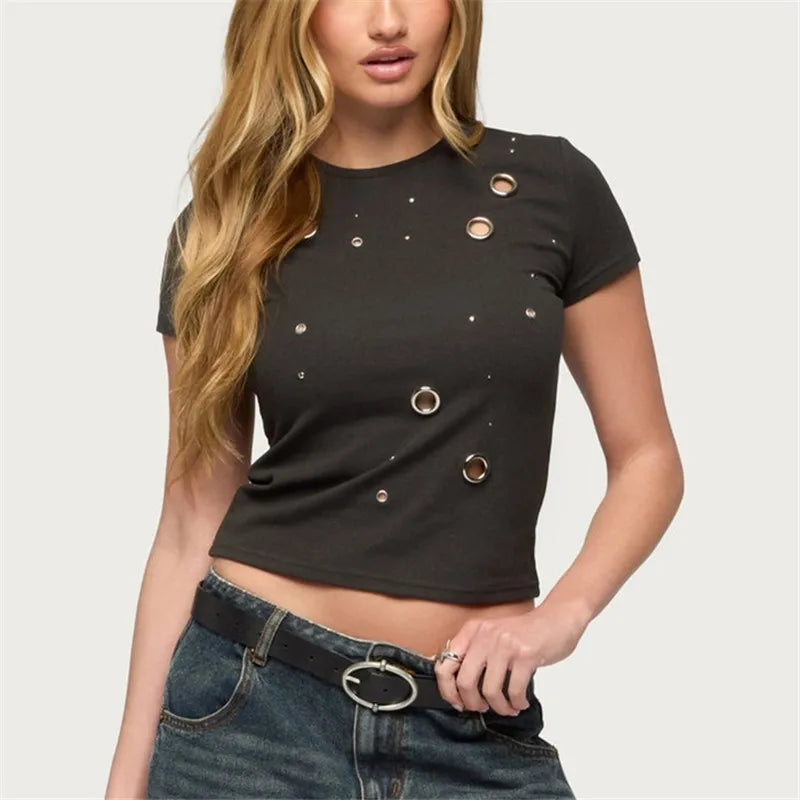 Womens Grommet Crop Top Short Sleeve Crew Neck Studded Tee Shirt Dark Grey Metal Embellished Cotton Blend Streetwear Top