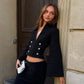 Black Cropped Jacket Double-breasted Buttons Flared Sleeves Blazers Coats for Woman Winter 2026