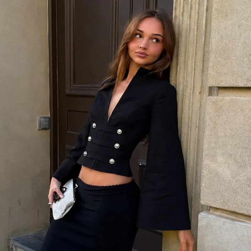 Black Cropped Jacket Double-breasted Buttons Flared Sleeves Blazers Coats for Woman Winter 2026