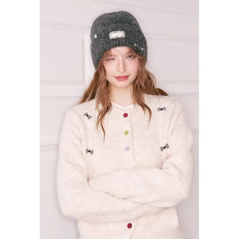 Y2K Casual Solid Color Stone Stacked Beanie For Women