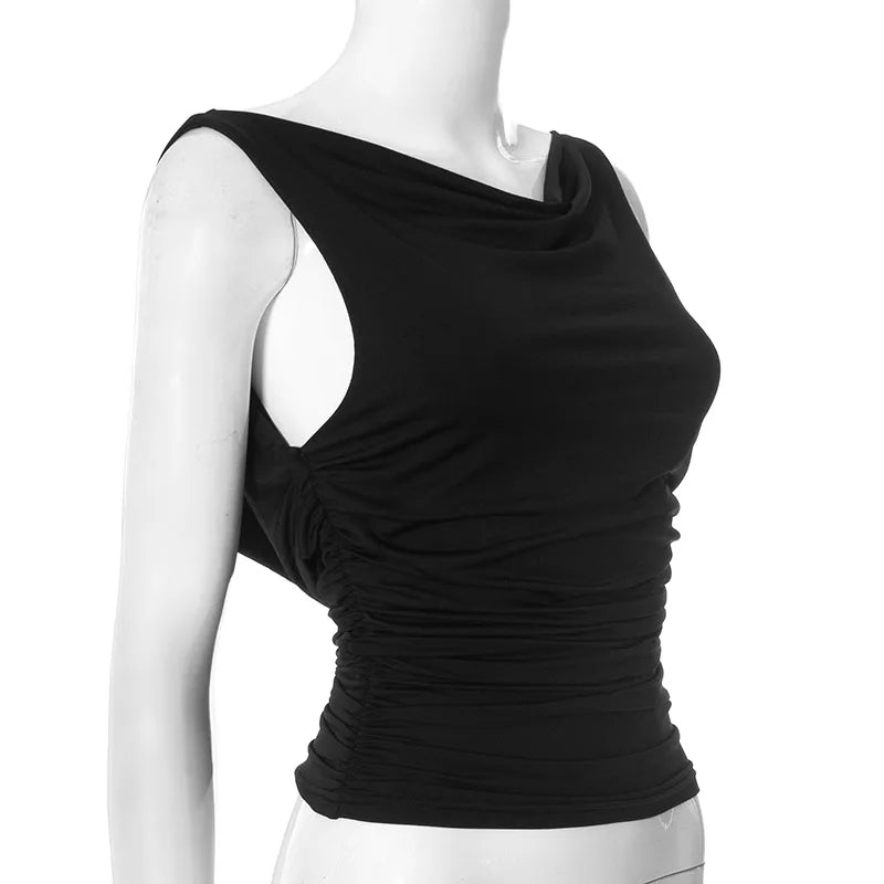Cowl Neck Backless Tank Tops Summer 2025 Woman Clothing Fashion Sexy Sleeveless T Shirts Black